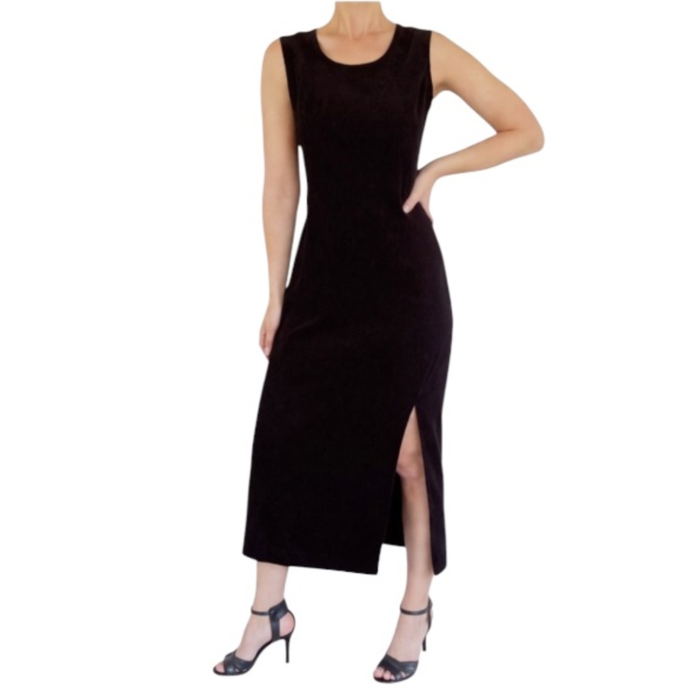 Vintage R.J. & Co black suede sleeveless scoop neck midi length dress size 10